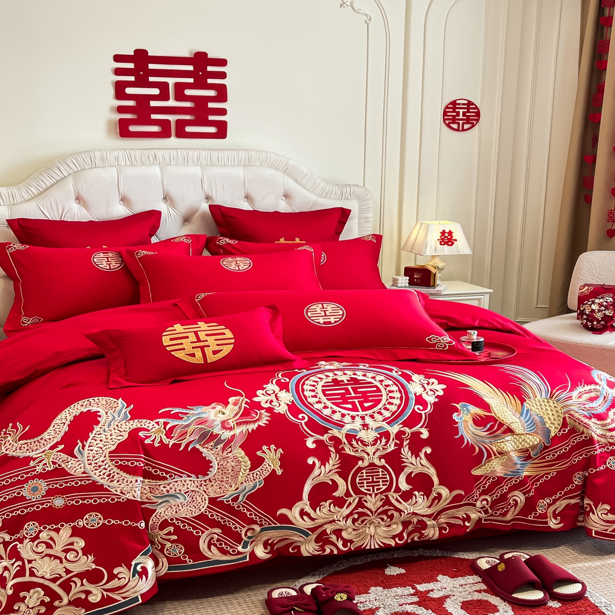 91家纺网 家纺一手货源 找家纺 欧乐蒂 2025新款亲肤棉婚庆刺绣四件套 龙翔凤跃