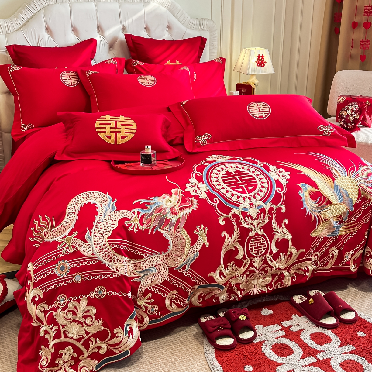 91家纺网 家纺一手货源 找家纺 欧乐蒂 2025新款亲肤棉婚庆刺绣四件套 龙翔凤跃