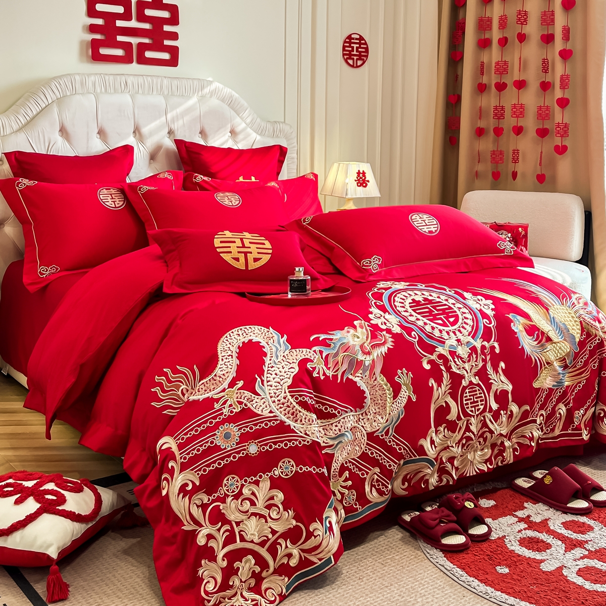 91家纺网 家纺一手货源 找家纺 欧乐蒂 2025新款亲肤棉婚庆刺绣四件套 龙翔凤跃