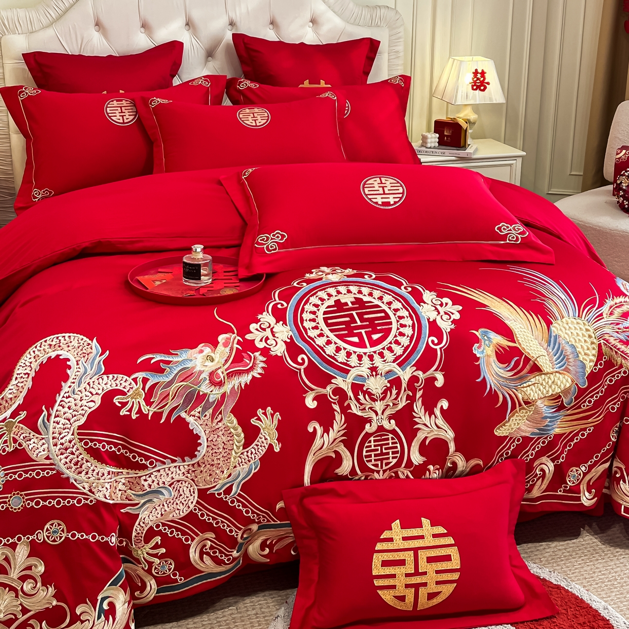 91家纺网 家纺一手货源 找家纺 欧乐蒂 2025新款亲肤棉婚庆刺绣四件套 龙翔凤跃