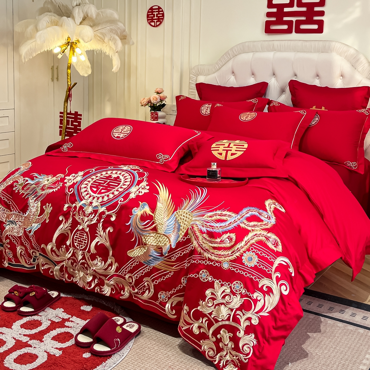 91家纺网 家纺一手货源 找家纺 欧乐蒂 2025新款亲肤棉婚庆刺绣四件套 龙翔凤跃