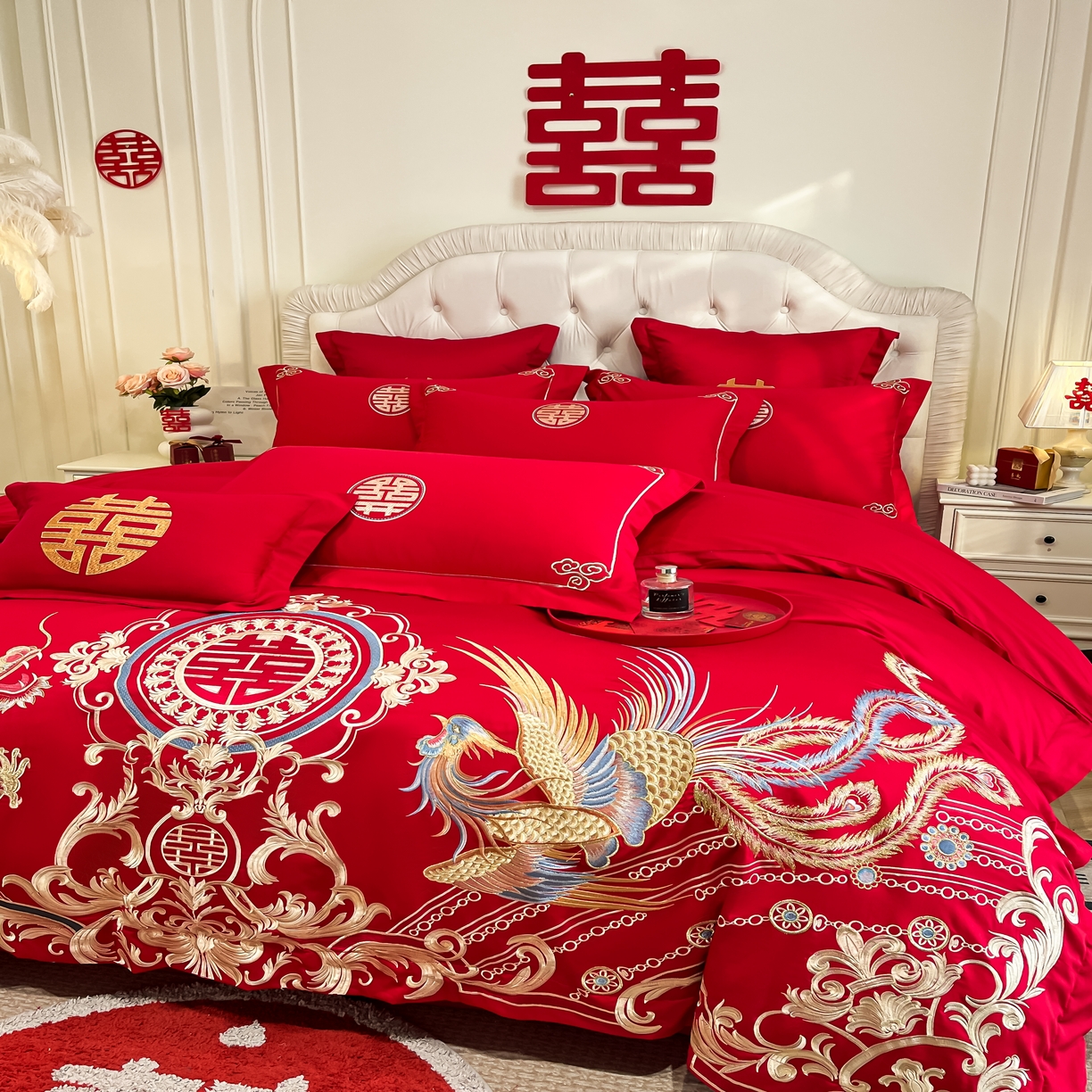 91家纺网 家纺一手货源 找家纺 欧乐蒂 2025新款亲肤棉婚庆刺绣四件套 龙翔凤跃