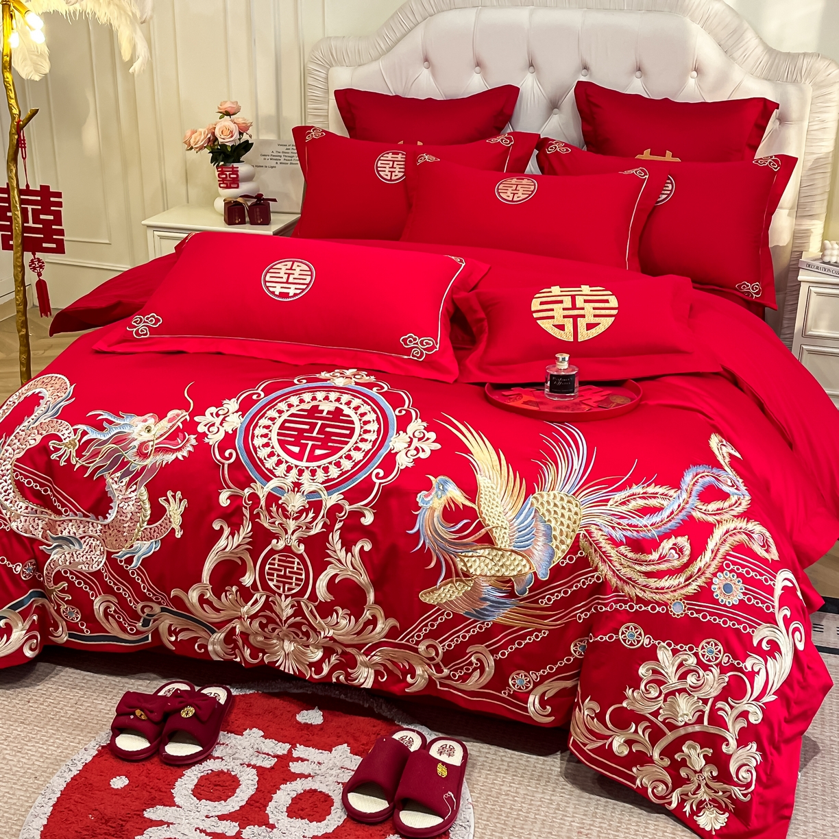 91家纺网 家纺一手货源 找家纺 欧乐蒂 2025新款亲肤棉婚庆刺绣四件套 龙翔凤跃