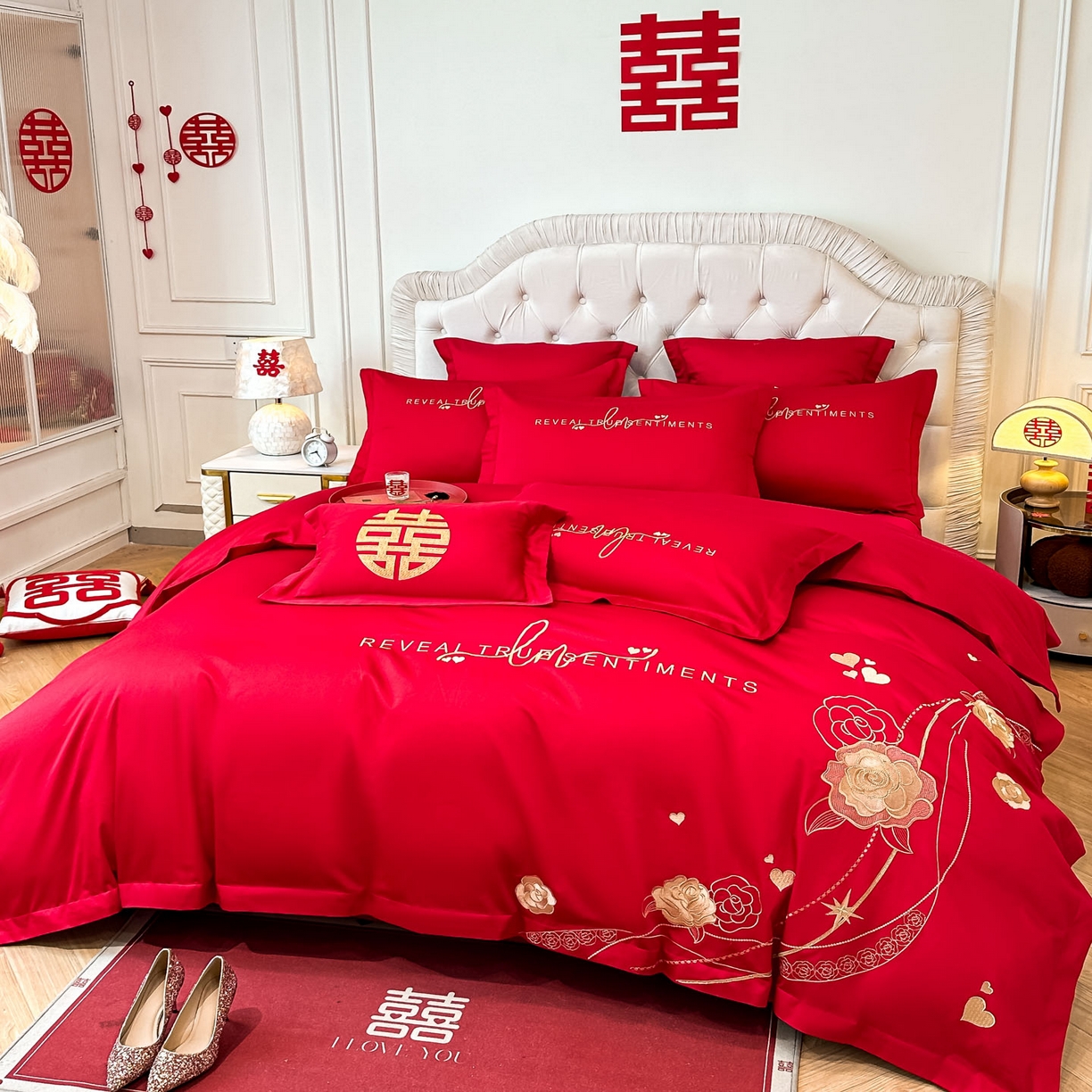 91家纺网 家纺一手货源 找家纺 欧乐蒂 2025新款亲肤棉婚庆刺绣四件套 玫瑰爱恋