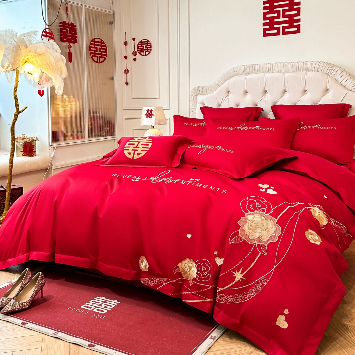 91家纺网 家纺一手货源 找家纺 欧乐蒂 2025新款亲肤棉婚庆刺绣四件套 玫瑰爱恋