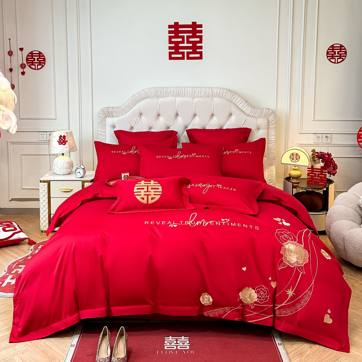 欧乐蒂 2025新款亲肤棉婚庆刺绣四件套 玫瑰爱恋