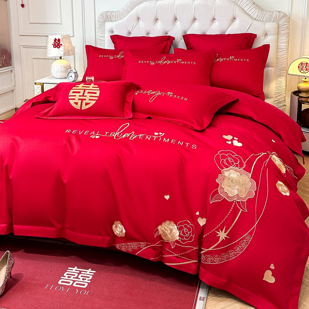 91家纺网 家纺一手货源 找家纺 欧乐蒂 2025新款亲肤棉婚庆刺绣四件套 玫瑰爱恋