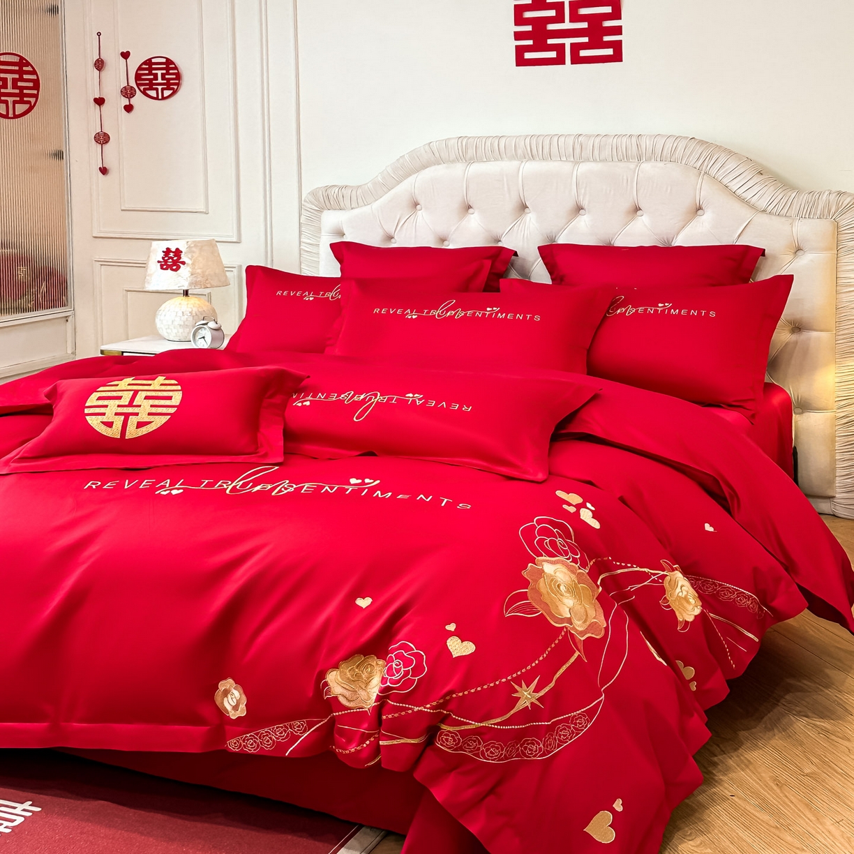 91家纺网 家纺一手货源 找家纺 欧乐蒂 2025新款亲肤棉婚庆刺绣四件套 玫瑰爱恋