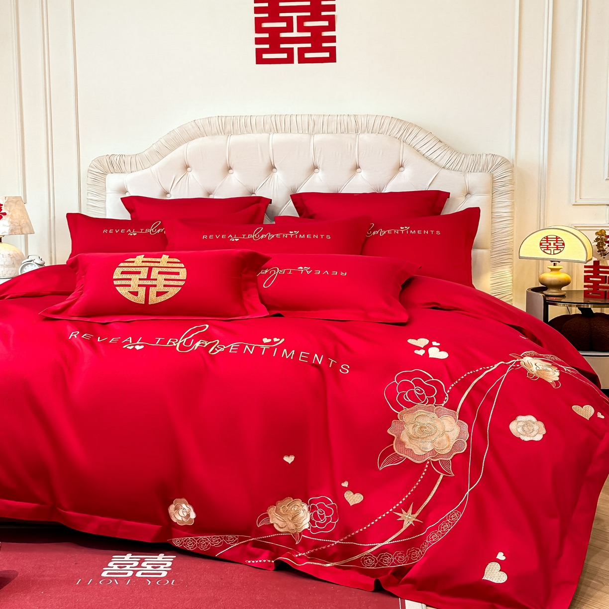 91家纺网 家纺一手货源 找家纺 欧乐蒂 2025新款亲肤棉婚庆刺绣四件套 玫瑰爱恋