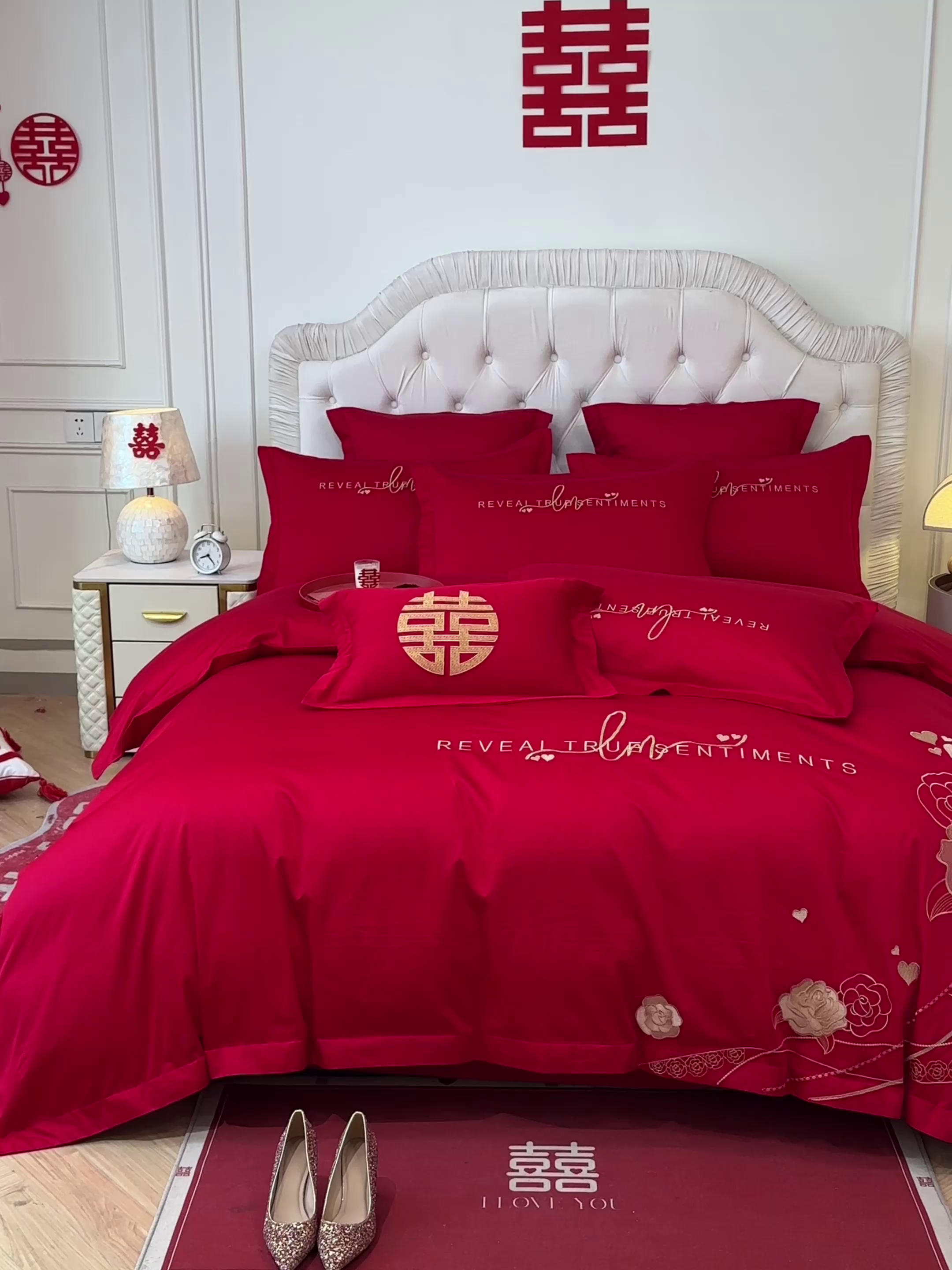 91家纺网 家纺一手货源 找家纺 欧乐蒂 2025新款亲肤棉婚庆刺绣四件套 玫瑰爱恋