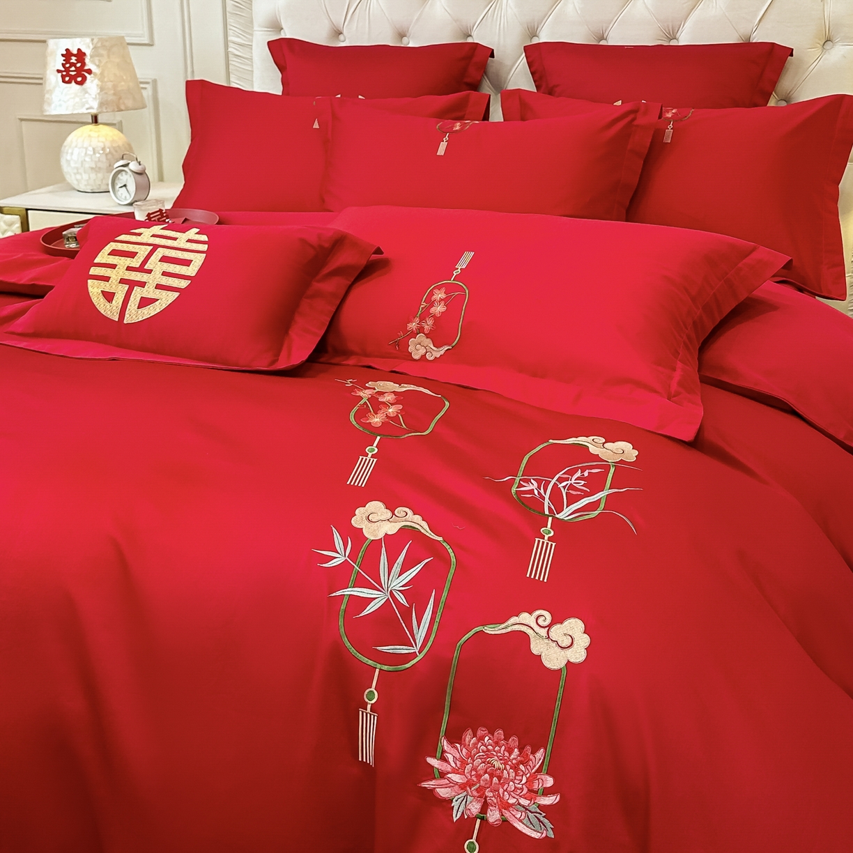 91家纺网 家纺一手货源 找家纺 欧乐蒂 2025新款亲肤棉婚庆刺绣四件套 梅兰竹菊