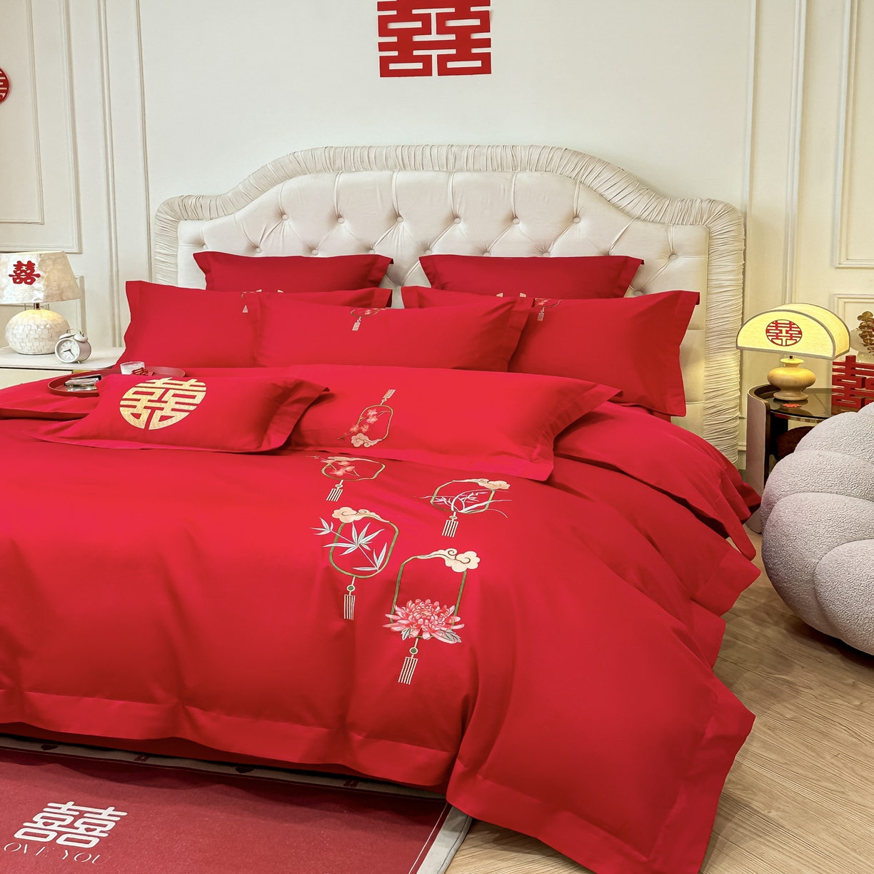 91家纺网 家纺一手货源 找家纺 欧乐蒂 2025新款亲肤棉婚庆刺绣四件套 梅兰竹菊