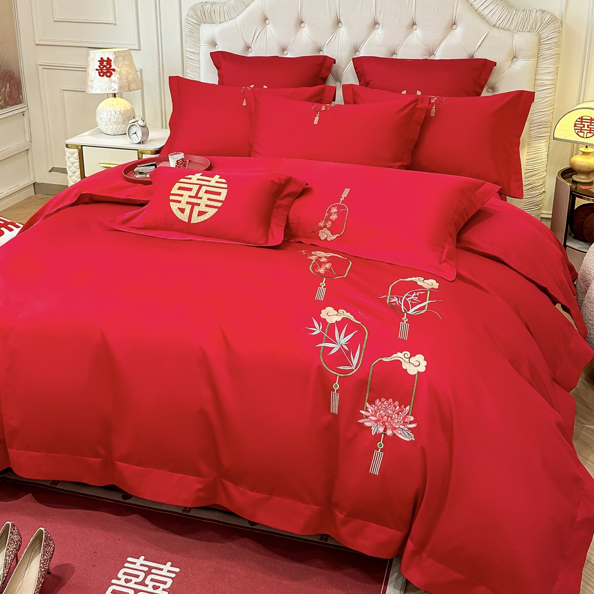 91家纺网 家纺一手货源 找家纺 欧乐蒂 2025新款亲肤棉婚庆刺绣四件套 梅兰竹菊