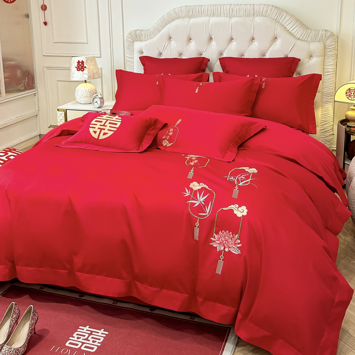 91家纺网 家纺一手货源 找家纺 欧乐蒂 2025新款亲肤棉婚庆刺绣四件套 梅兰竹菊