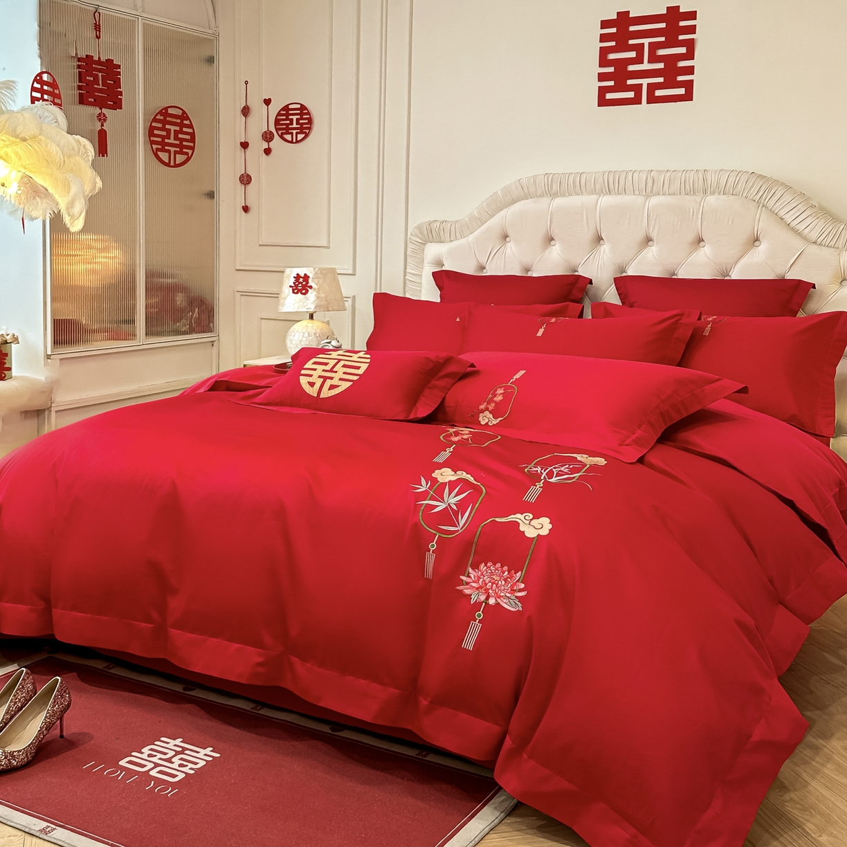 91家纺网 家纺一手货源 找家纺 欧乐蒂 2025新款亲肤棉婚庆刺绣四件套 梅兰竹菊