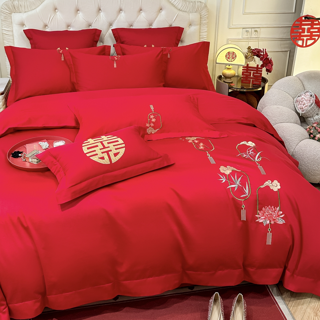 91家纺网 家纺一手货源 找家纺 欧乐蒂 2025新款亲肤棉婚庆刺绣四件套 梅兰竹菊