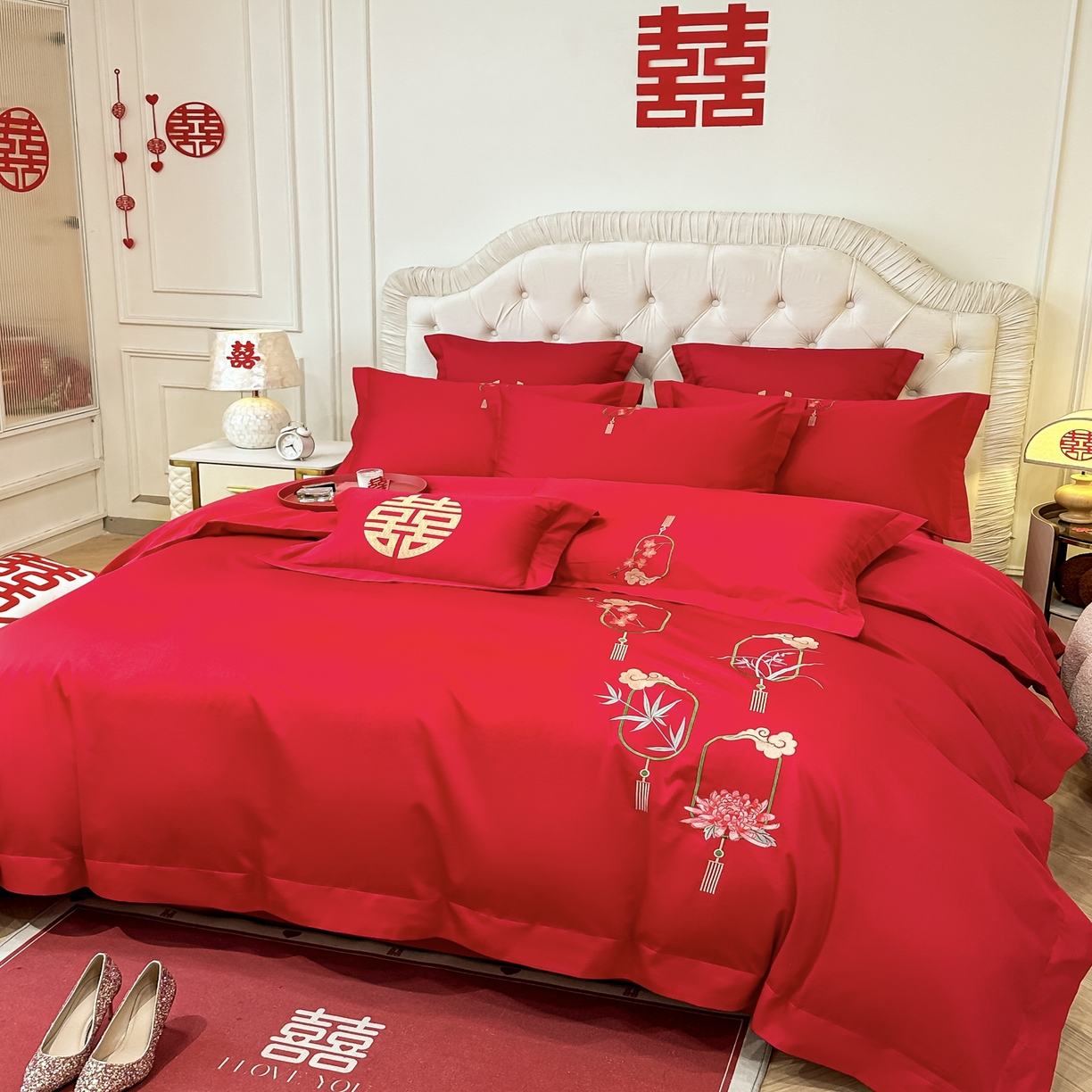 91家纺网 家纺一手货源 找家纺 欧乐蒂 2025新款亲肤棉婚庆刺绣四件套 梅兰竹菊