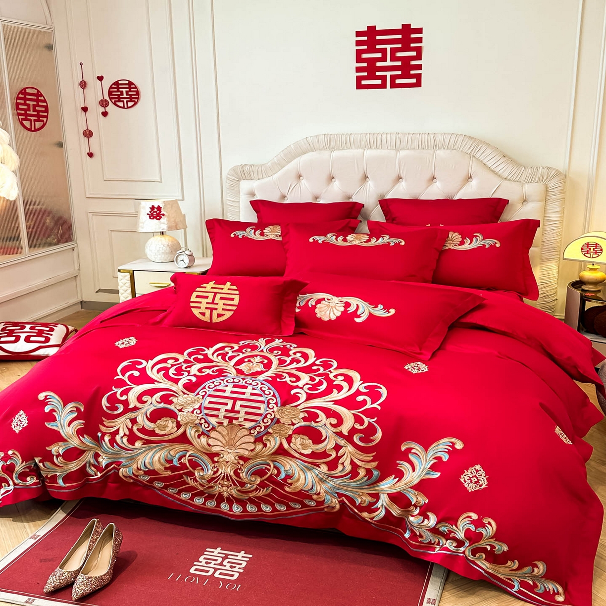 91家纺网 家纺一手货源 找家纺 欧乐蒂 2025新款亲肤棉婚庆刺绣四件套 梦巴黎