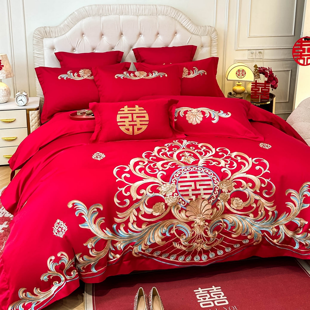 91家纺网 家纺一手货源 找家纺 欧乐蒂 2025新款亲肤棉婚庆刺绣四件套 梦巴黎