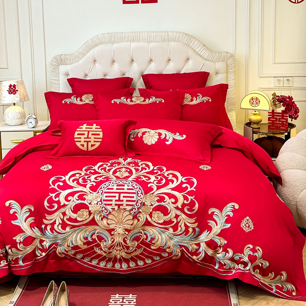 91家纺网 家纺一手货源 找家纺 欧乐蒂 2025新款亲肤棉婚庆刺绣四件套 梦巴黎