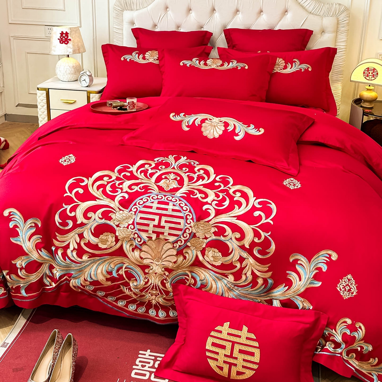 91家纺网 家纺一手货源 找家纺 欧乐蒂 2025新款亲肤棉婚庆刺绣四件套 梦巴黎