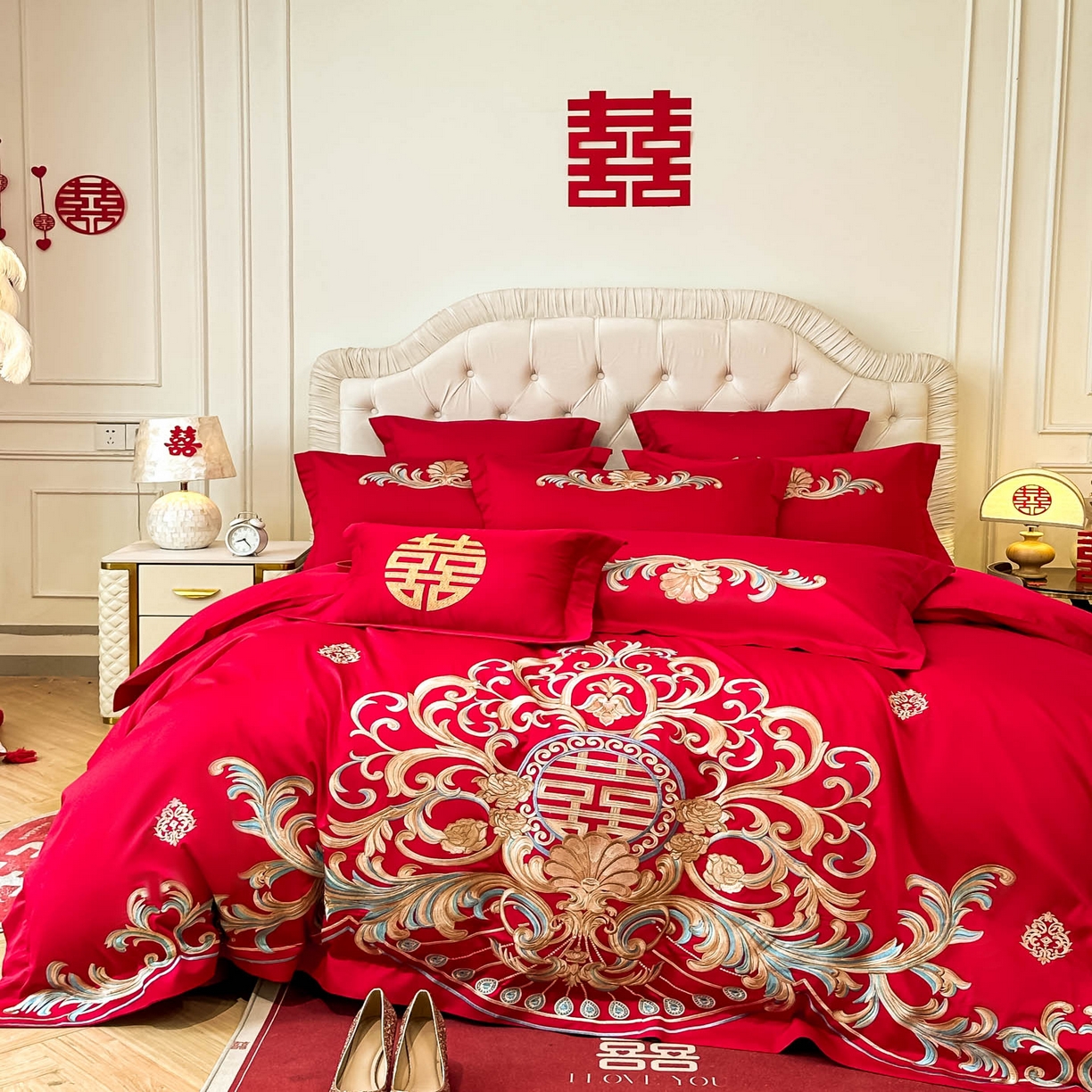 91家纺网 家纺一手货源 找家纺 欧乐蒂 2025新款亲肤棉婚庆刺绣四件套 梦巴黎