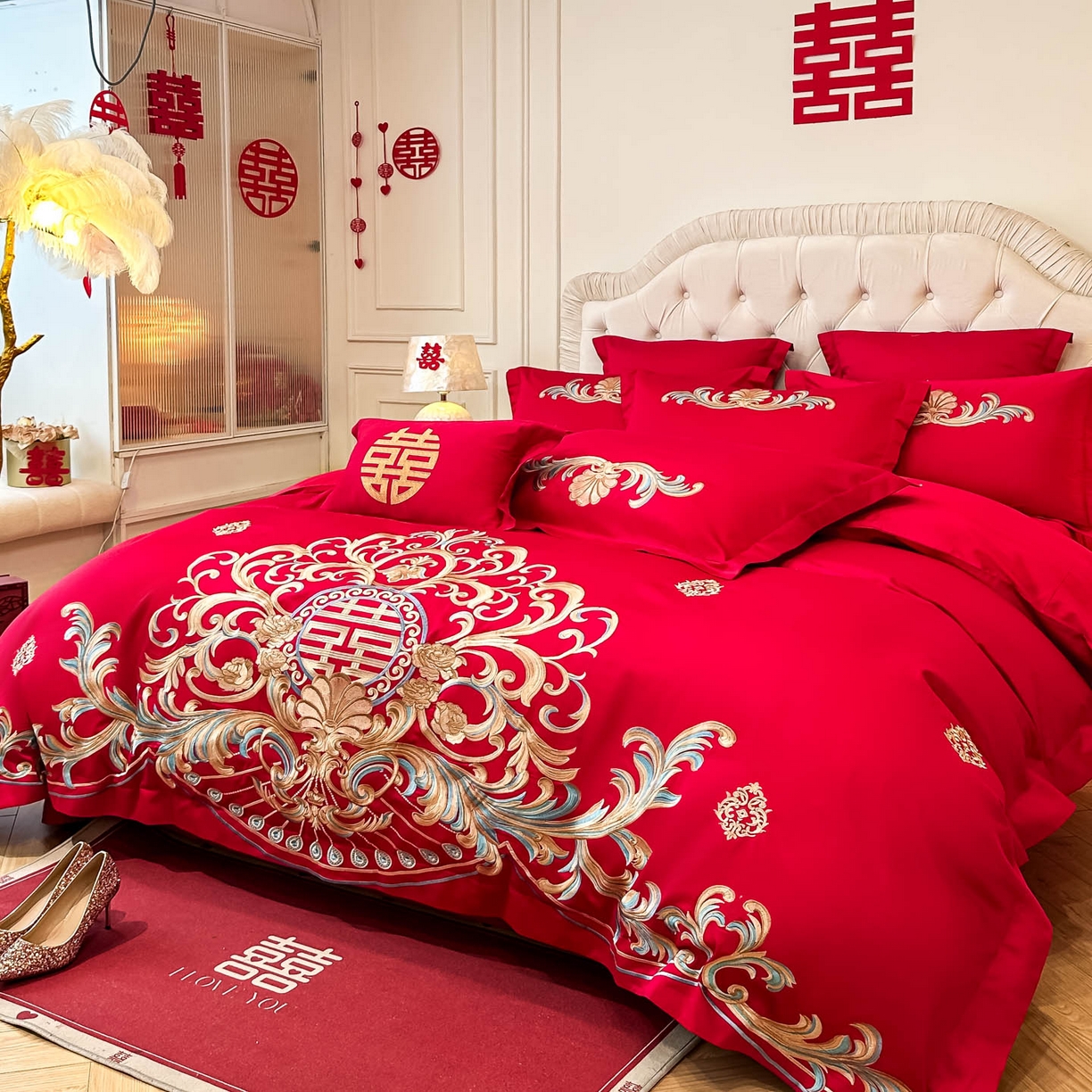 91家纺网 家纺一手货源 找家纺 欧乐蒂 2025新款亲肤棉婚庆刺绣四件套 梦巴黎