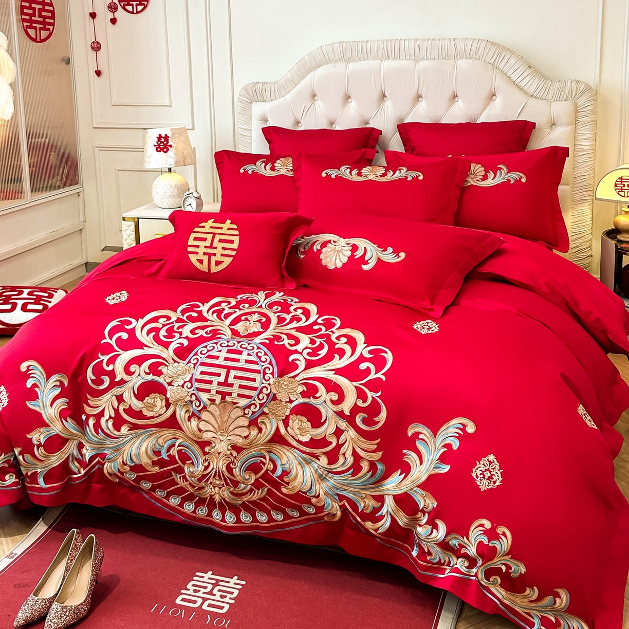 91家纺网 家纺一手货源 找家纺 欧乐蒂 2025新款亲肤棉婚庆刺绣四件套 梦巴黎