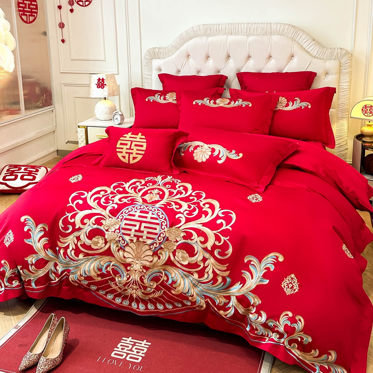 91家纺网 家纺一手货源 找家纺 欧乐蒂 2025新款亲肤棉婚庆刺绣四件套 梦巴黎