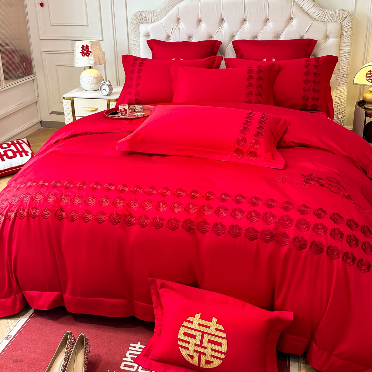 91家纺网 家纺一手货源 找家纺 欧乐蒂 2025新款亲肤棉婚庆刺绣四件套 水晶之恋