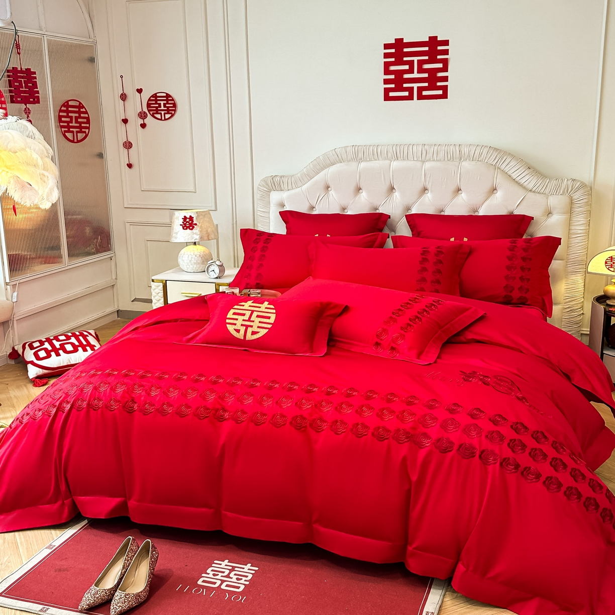 91家纺网 家纺一手货源 找家纺 欧乐蒂 2025新款亲肤棉婚庆刺绣四件套 水晶之恋