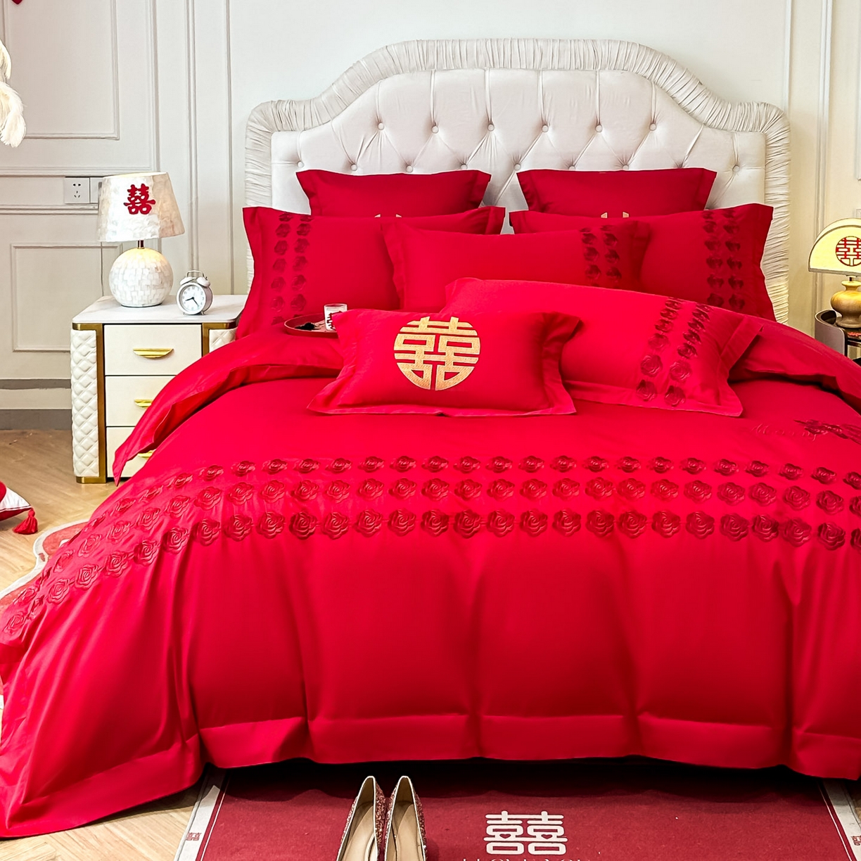 91家纺网 家纺一手货源 找家纺 欧乐蒂 2025新款亲肤棉婚庆刺绣四件套 水晶之恋