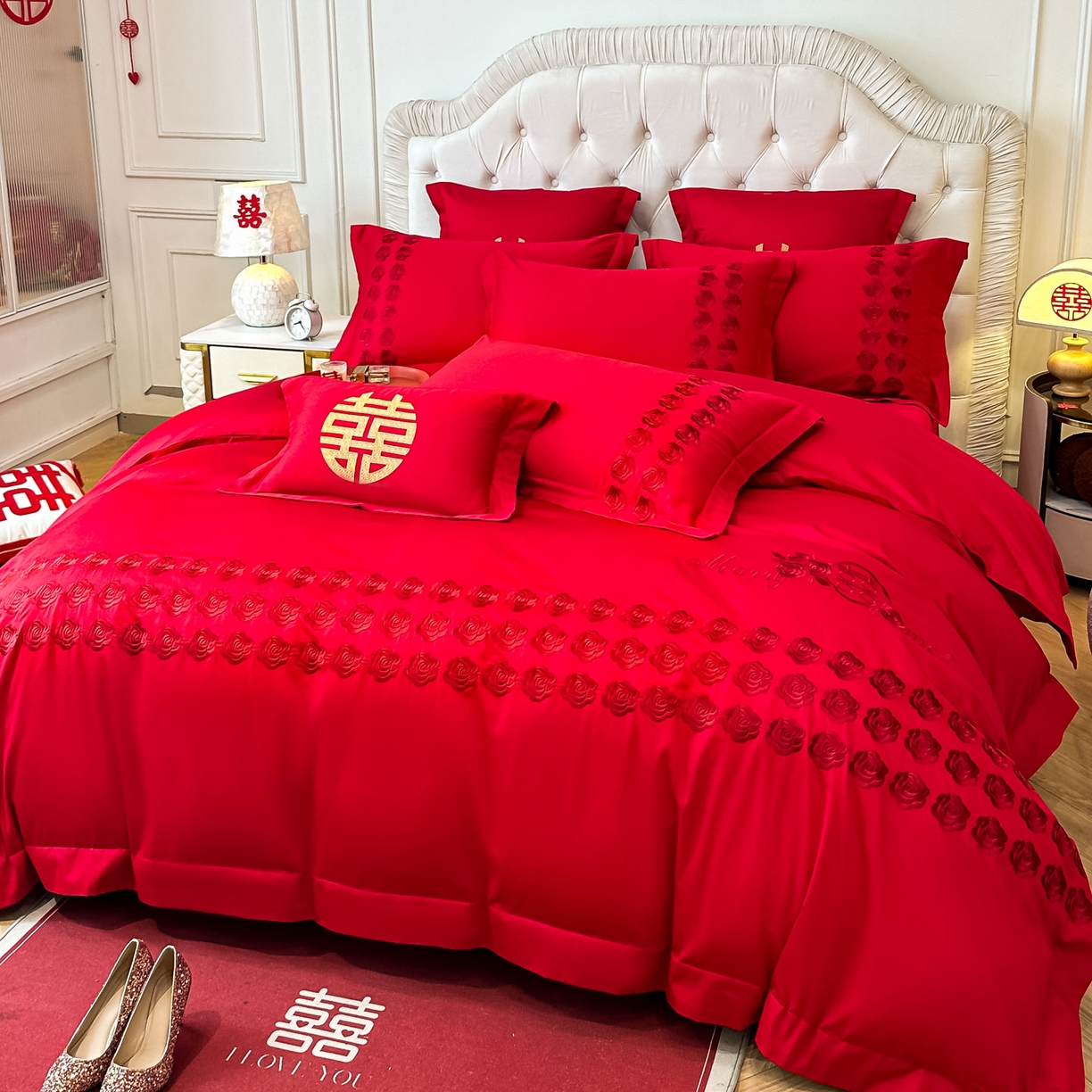 91家纺网 家纺一手货源 找家纺 欧乐蒂 2025新款亲肤棉婚庆刺绣四件套 水晶之恋