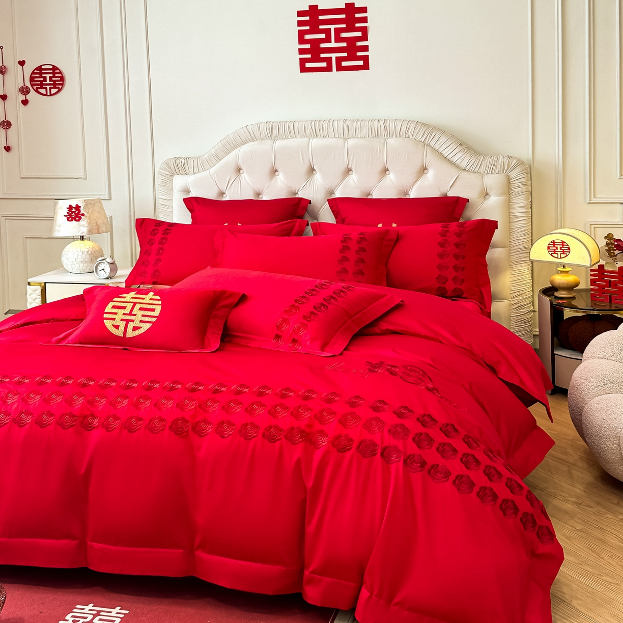 91家纺网 家纺一手货源 找家纺 欧乐蒂 2025新款亲肤棉婚庆刺绣四件套 水晶之恋