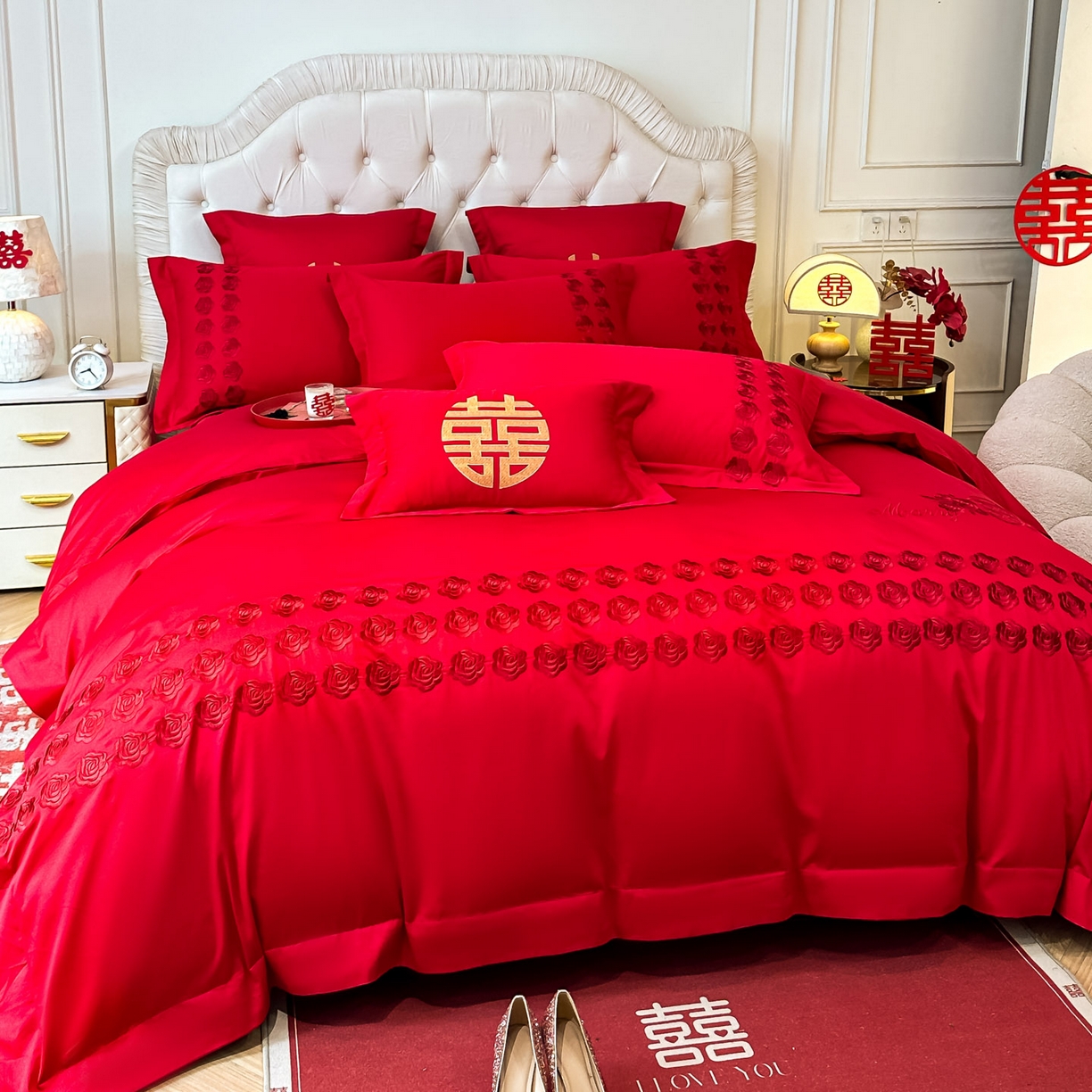 91家纺网 家纺一手货源 找家纺 欧乐蒂 2025新款亲肤棉婚庆刺绣四件套 水晶之恋