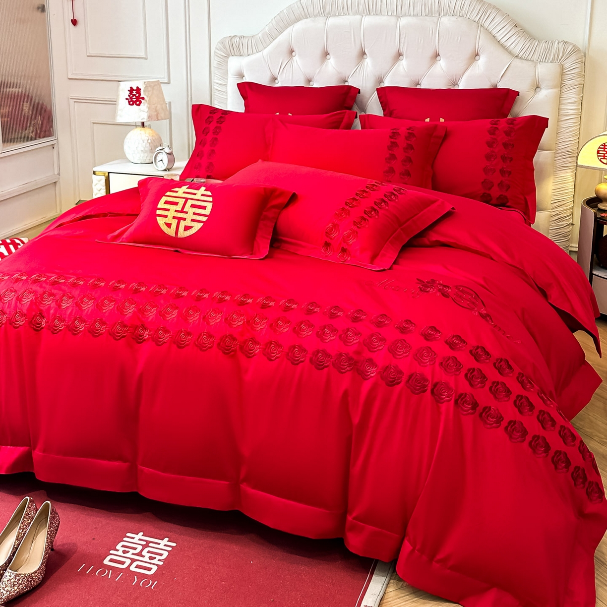 91家纺网 家纺一手货源 找家纺 欧乐蒂 2025新款亲肤棉婚庆刺绣四件套 水晶之恋