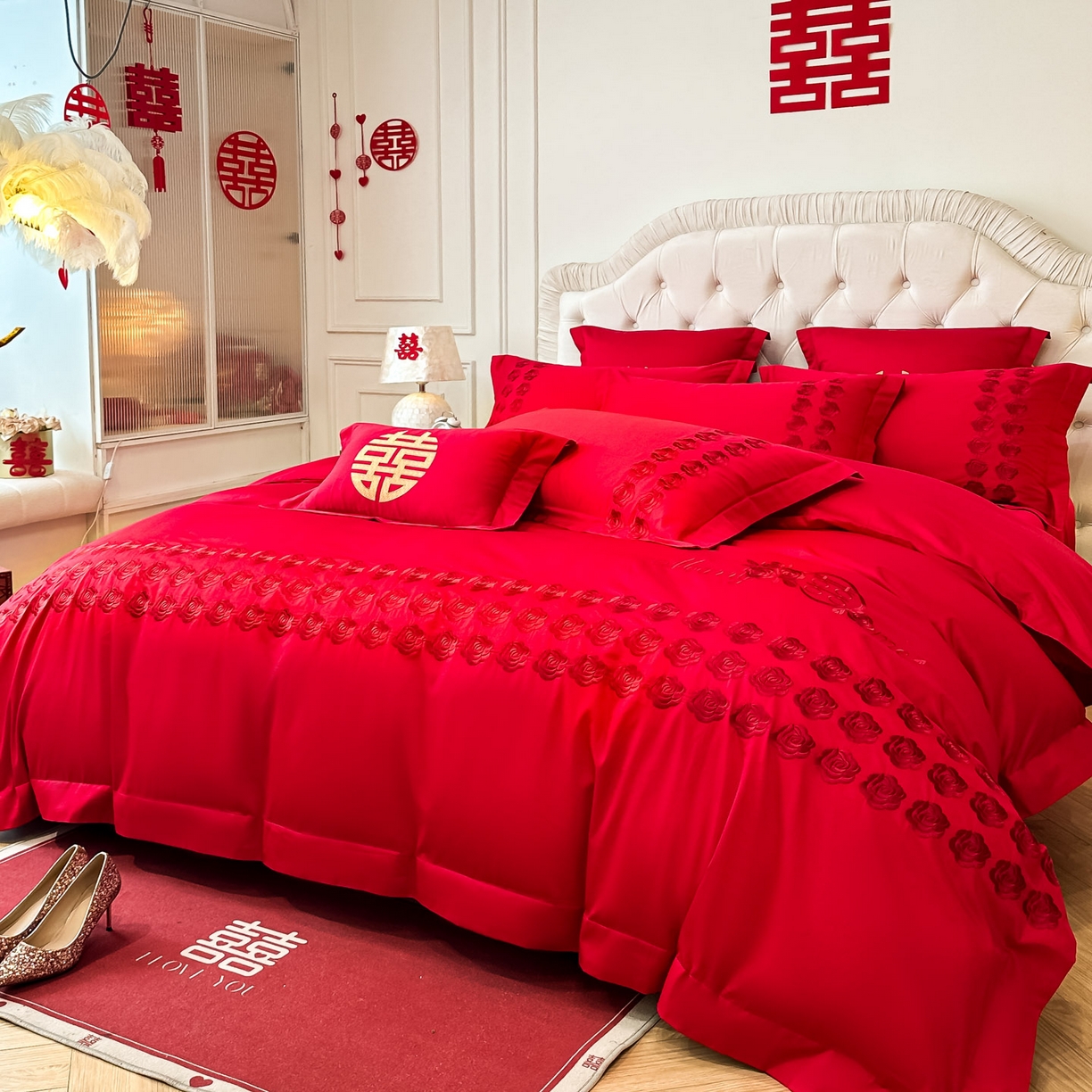 91家纺网 家纺一手货源 找家纺 欧乐蒂 2025新款亲肤棉婚庆刺绣四件套 水晶之恋