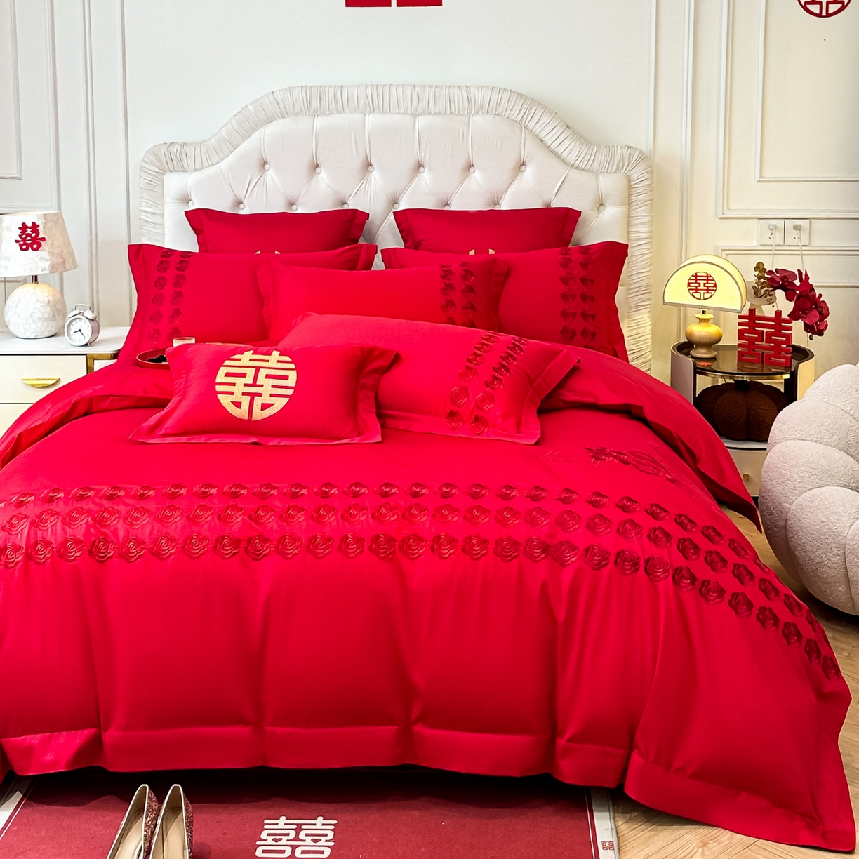 91家纺网 家纺一手货源 找家纺 欧乐蒂 2025新款亲肤棉婚庆刺绣四件套 水晶之恋