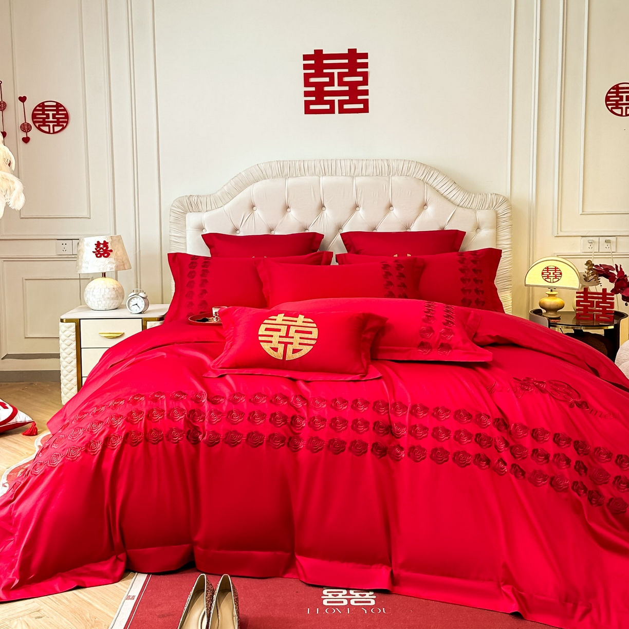 91家纺网 家纺一手货源 找家纺 欧乐蒂 2025新款亲肤棉婚庆刺绣四件套 水晶之恋