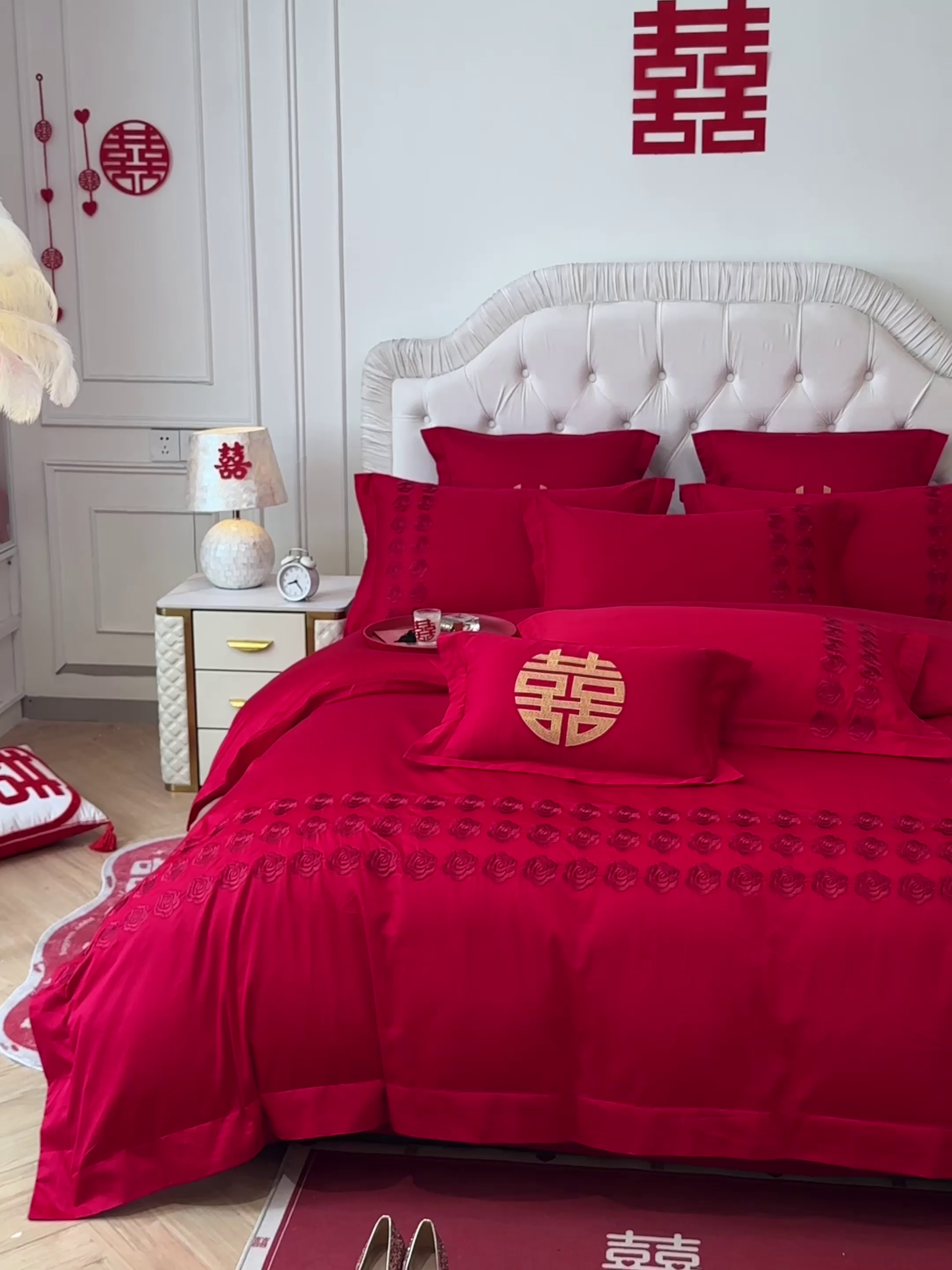 91家纺网 家纺一手货源 找家纺 欧乐蒂 2025新款亲肤棉婚庆刺绣四件套 水晶之恋