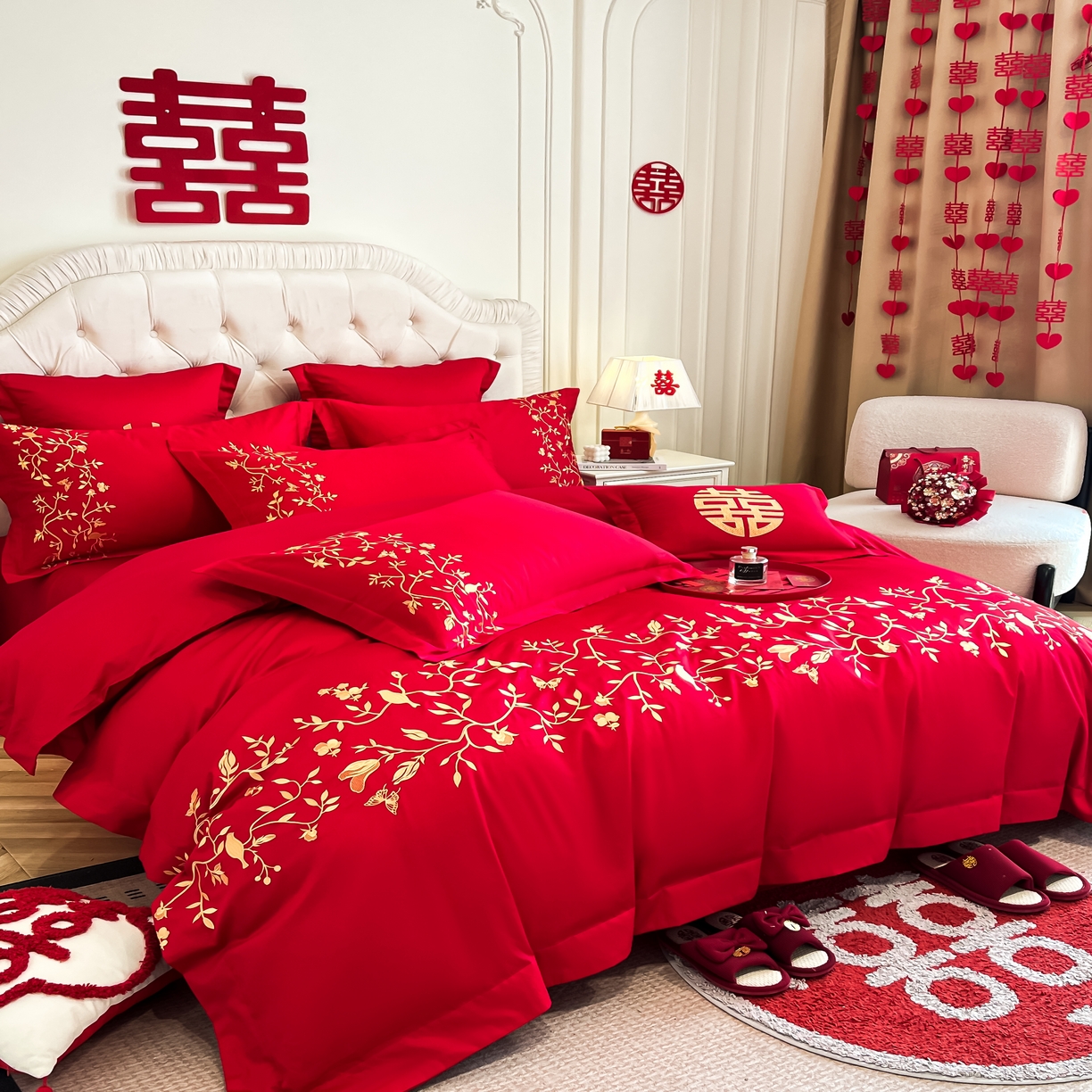 91家纺网 家纺一手货源 找家纺 欧乐蒂 2025新款亲肤棉婚庆刺绣四件套 喜上枝头