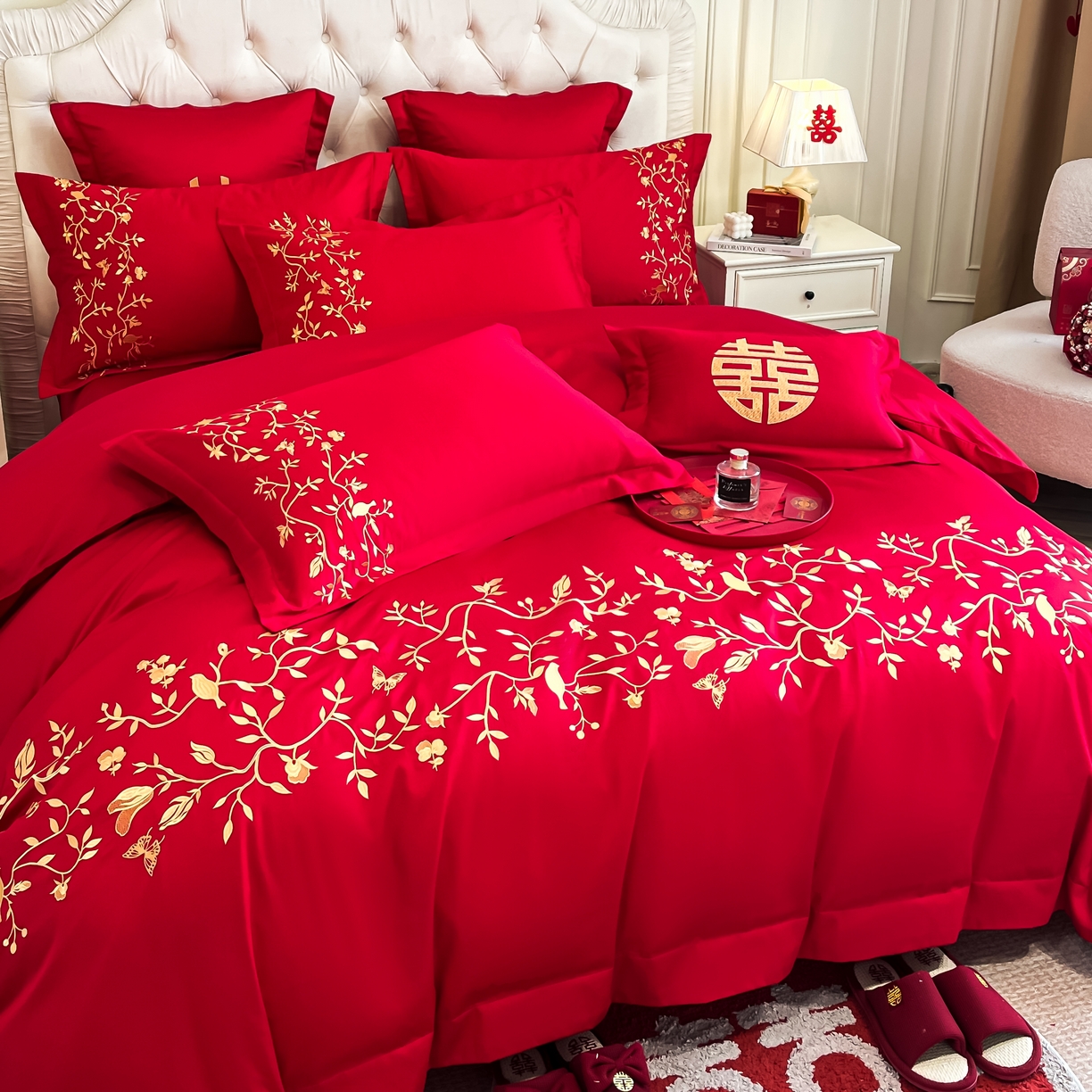 91家纺网 家纺一手货源 找家纺 欧乐蒂 2025新款亲肤棉婚庆刺绣四件套 喜上枝头