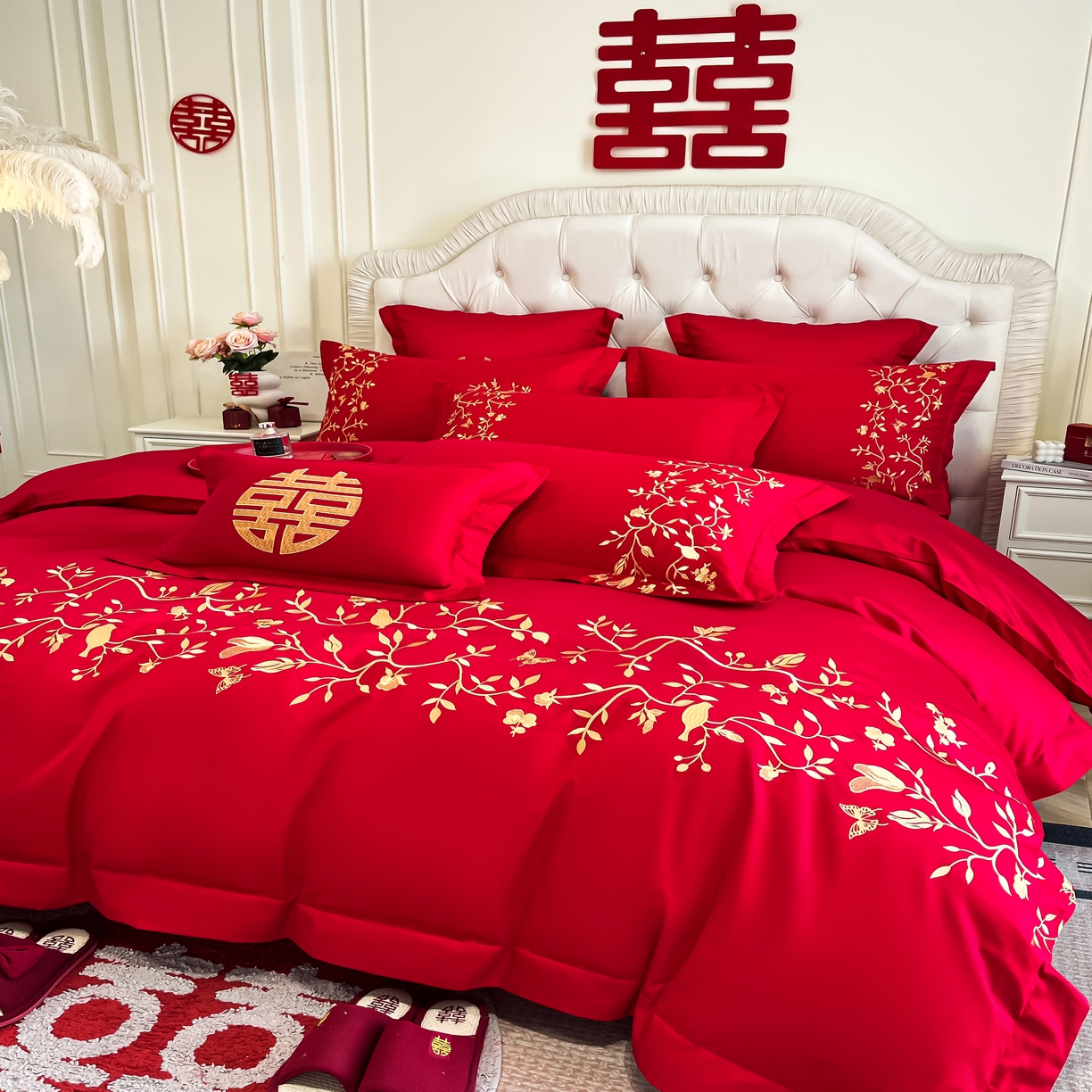 91家纺网 家纺一手货源 找家纺 欧乐蒂 2025新款亲肤棉婚庆刺绣四件套 喜上枝头