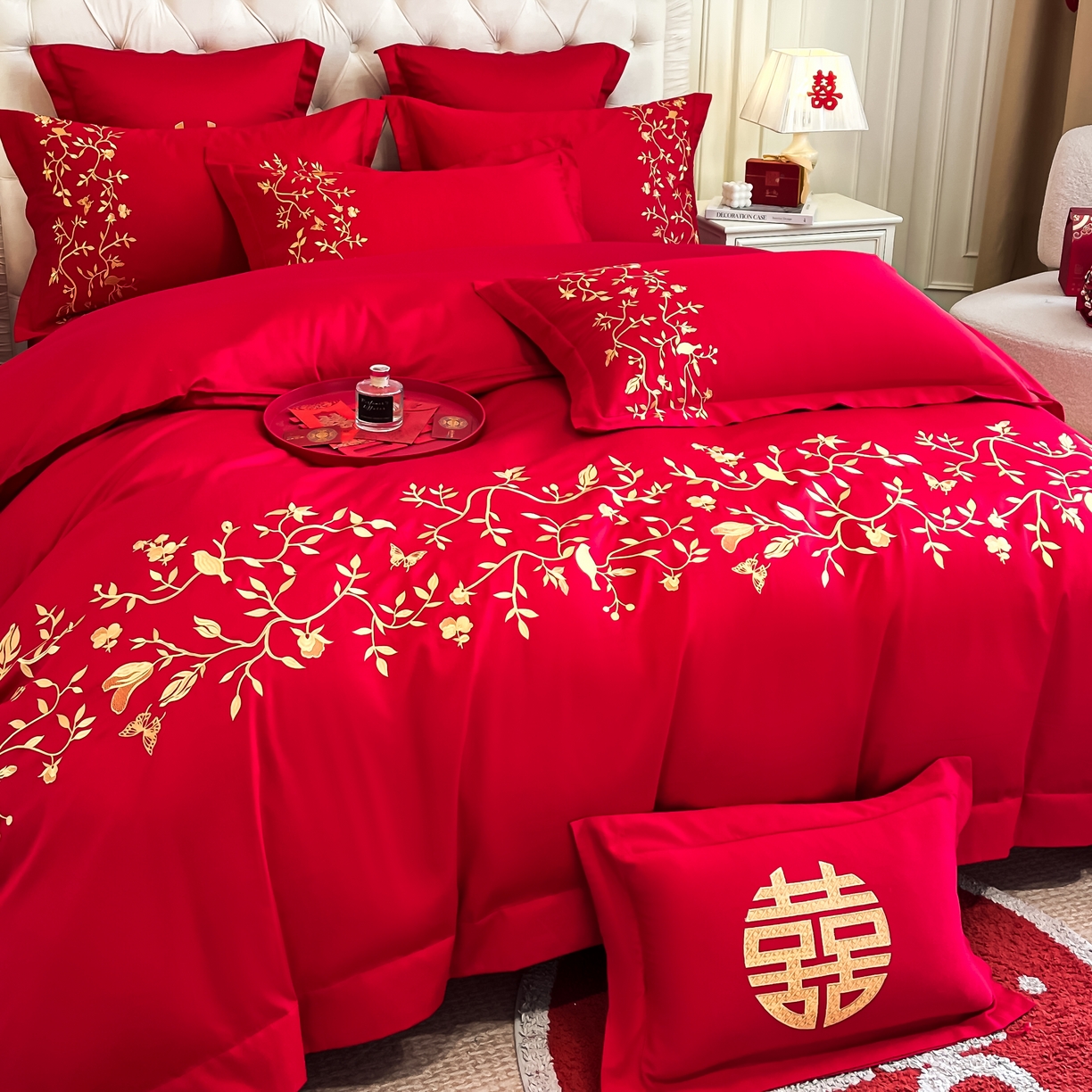 91家纺网 家纺一手货源 找家纺 欧乐蒂 2025新款亲肤棉婚庆刺绣四件套 喜上枝头