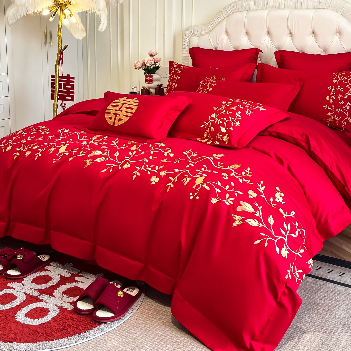 91家纺网 家纺一手货源 找家纺 欧乐蒂 2025新款亲肤棉婚庆刺绣四件套 喜上枝头