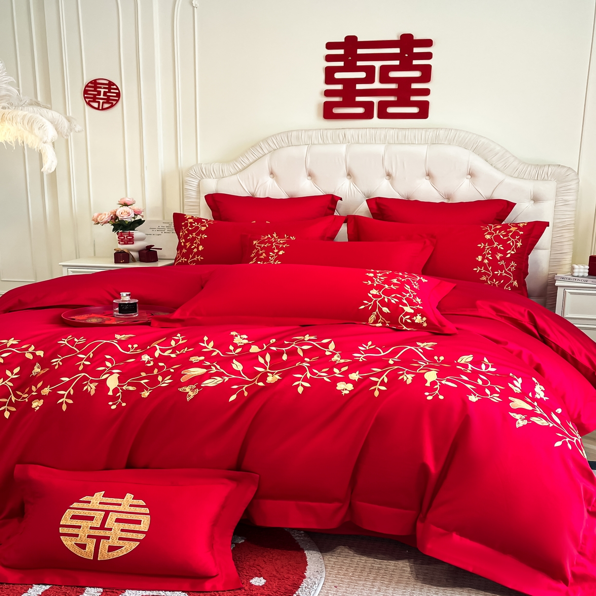 91家纺网 家纺一手货源 找家纺 欧乐蒂 2025新款亲肤棉婚庆刺绣四件套 喜上枝头