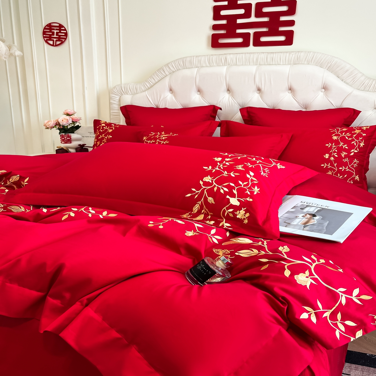 91家纺网 家纺一手货源 找家纺 欧乐蒂 2025新款亲肤棉婚庆刺绣四件套 喜上枝头