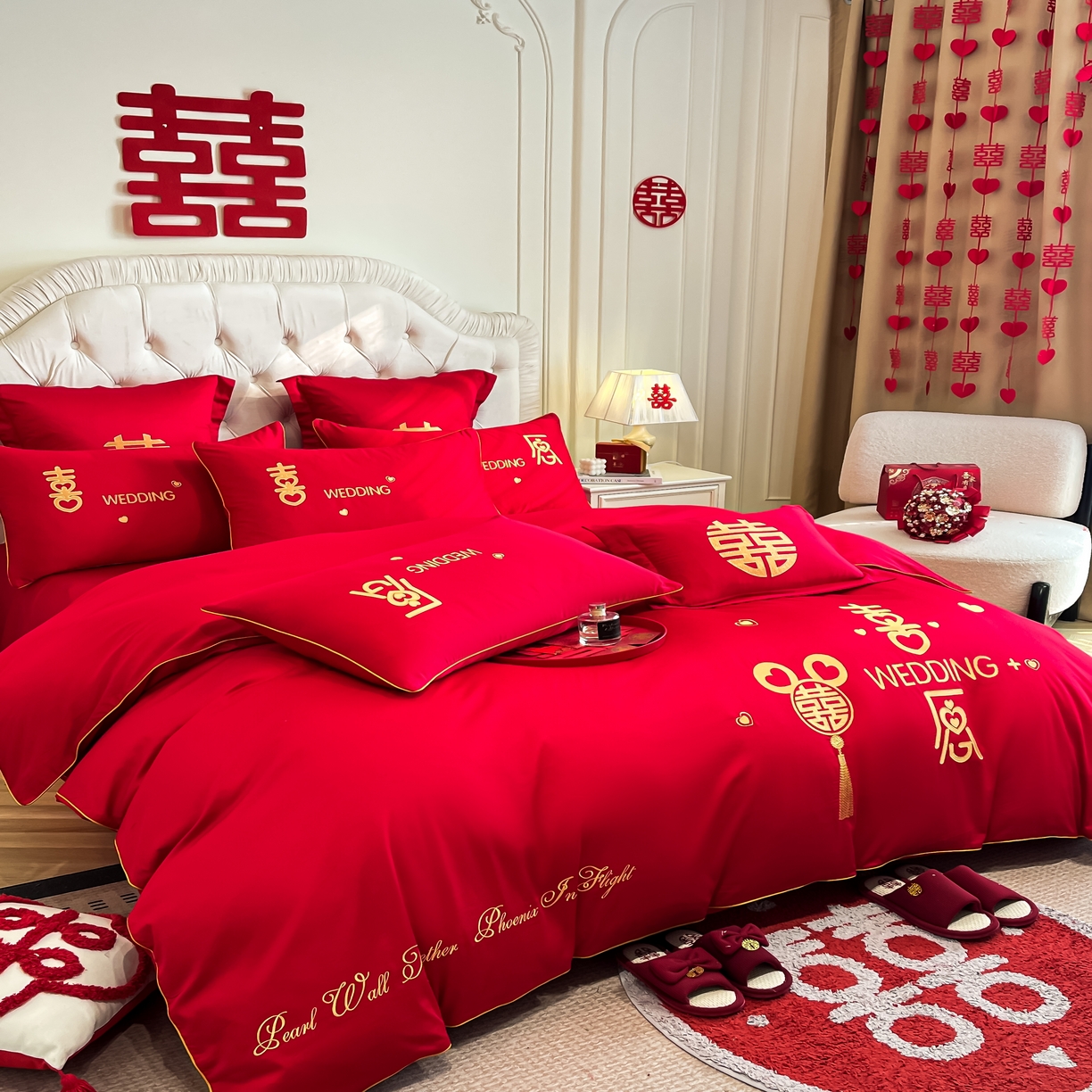 91家纺网 家纺一手货源 找家纺 欧乐蒂 2025新款亲肤棉婚庆刺绣四件套 喜愿