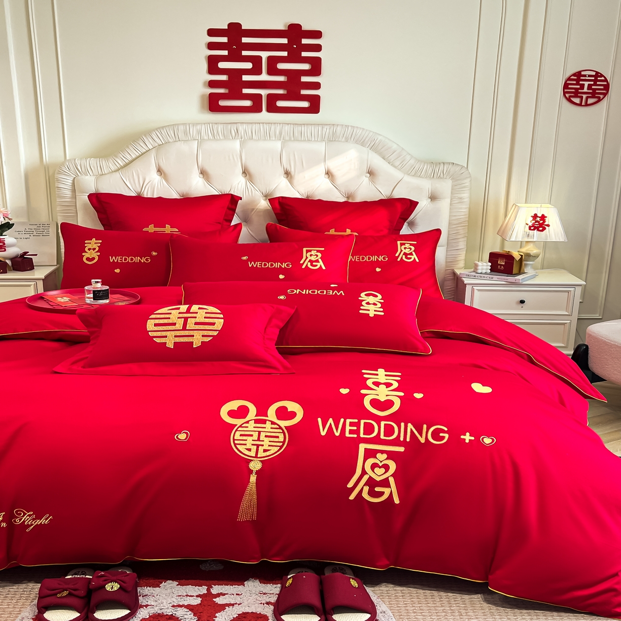 91家纺网 家纺一手货源 找家纺 欧乐蒂 2025新款亲肤棉婚庆刺绣四件套 喜愿