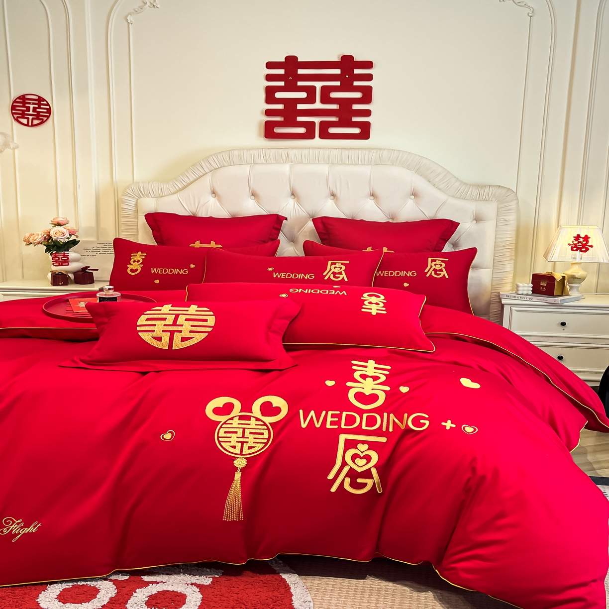 91家纺网 家纺一手货源 找家纺 欧乐蒂 2025新款亲肤棉婚庆刺绣四件套 喜愿